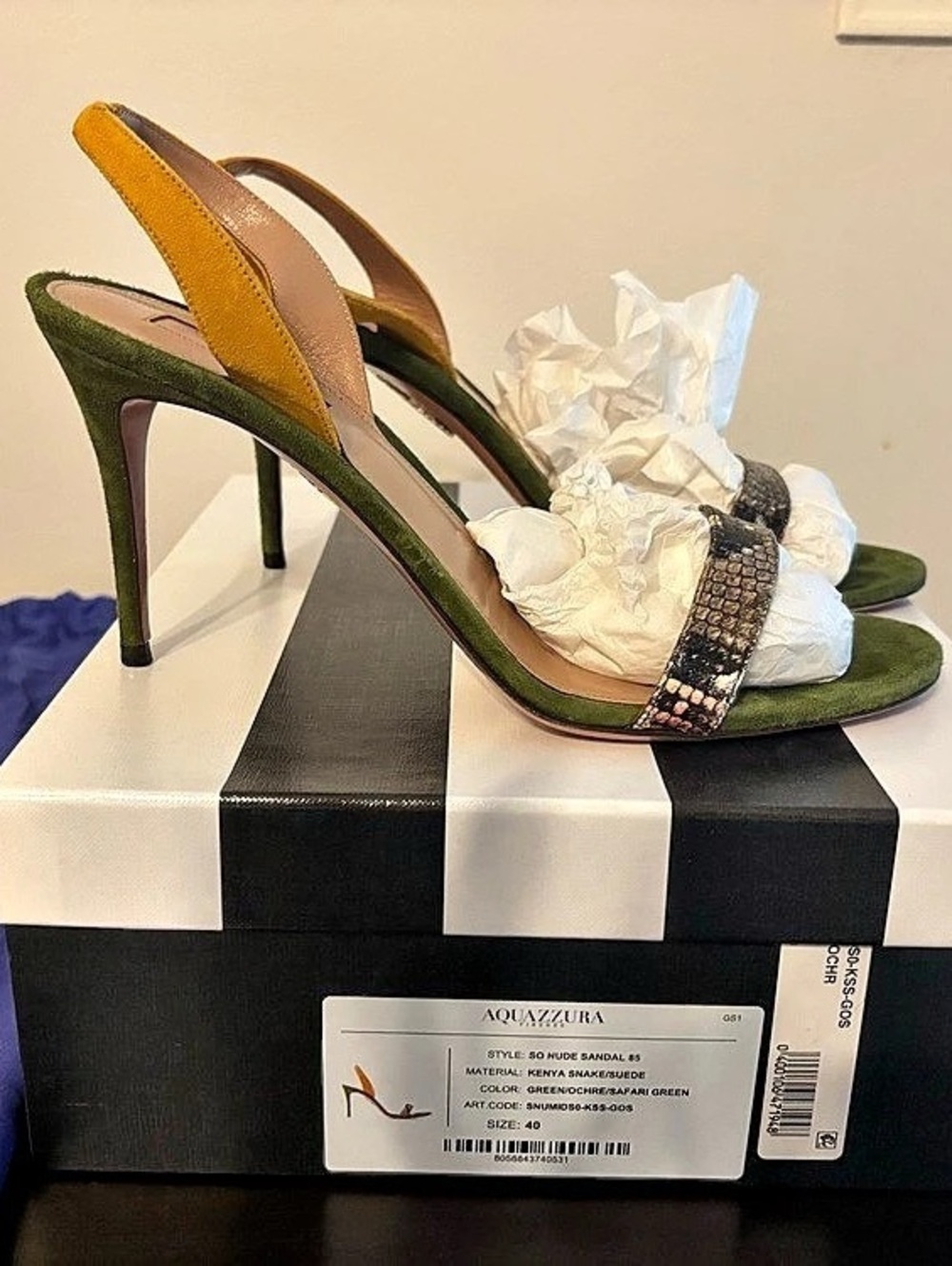 Aquazzura So Nude Sandal 85 Green & Yellow Leather Heels US 40
